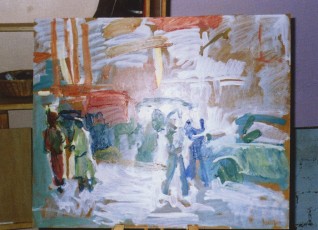 People in street on easel 2003-4