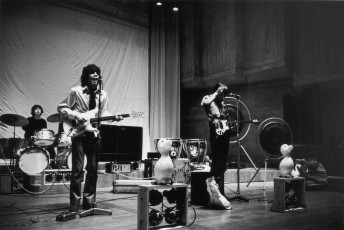 British psychedelic rock group Pink Floyd during rehearsals for the group's first concept show 'Games for May' at the Queen Elizabeth Hall in London, 12th May 1967. The show featured an early experiment with quadrophonic sound. Left to right: Nick Mason, Syd Barrett and Roger Waters. (Photo by Nick Hale/Hulton Archive/Getty Images)